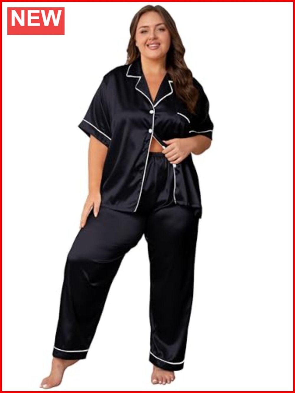 Women's Satin Pajama Set Plus Size Button Down Short Sleeve Lounge Sleepwear